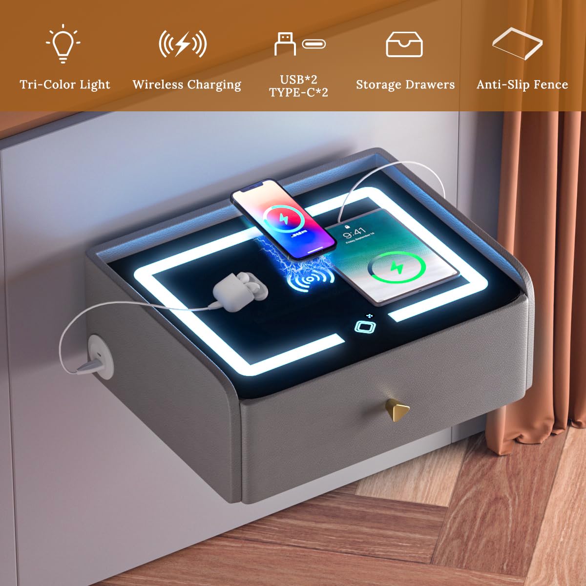 HOMEMORE Floating Nightstand with Charging Station Bedside Table LED Smart Bedside Table Wall Mounted Nightstand Grey