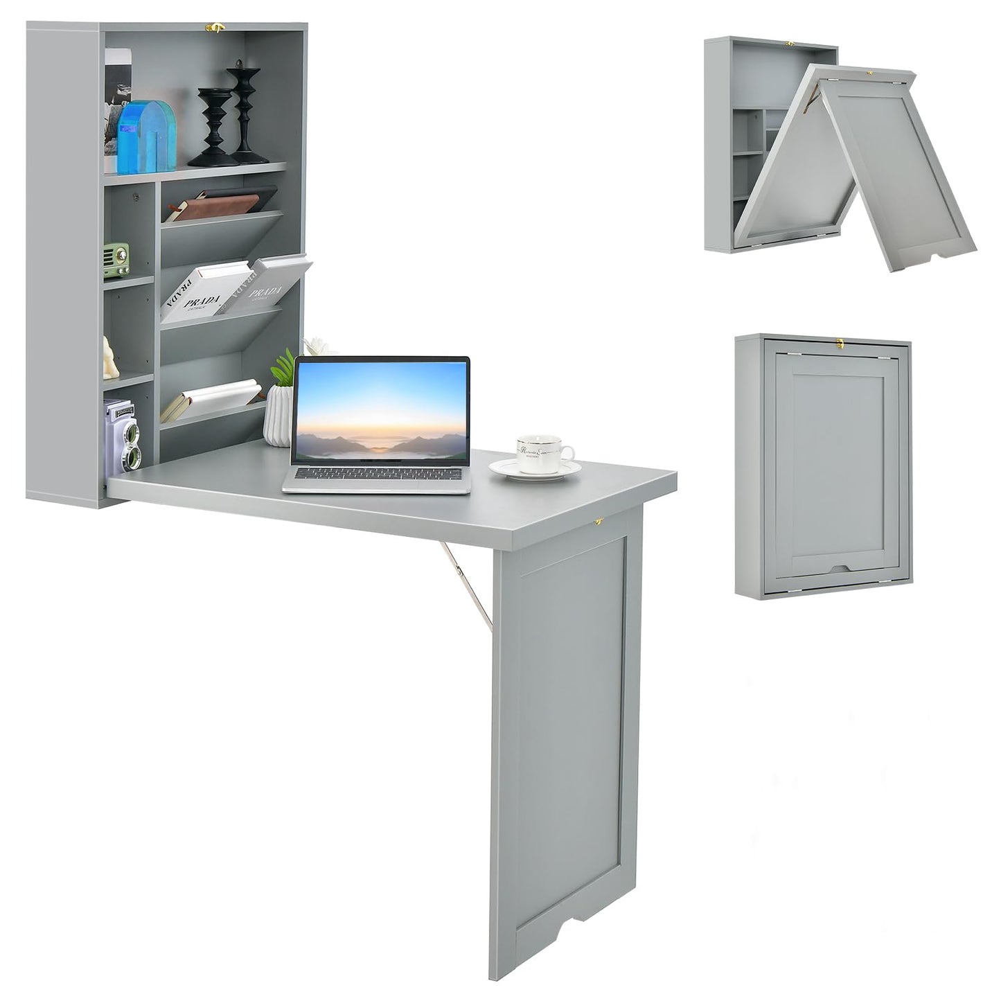 Byroce Wall Mounted Desk, Wood Collapsible Floating Desk, Convertible Computer Desk with Storage Area, Hanging Fold Out Table for Home Office, Small Spaces (Grey)
