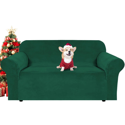 H.VERSAILTEX Stretch Velvet Loveseat Covers for 2 Cushion Couch Covers for Living Room Sofa Covers Slipcovers with Non Slip Straps Bottom, Ultra Thick Comfy Velour (Width 58"-72", Christmas Green)
