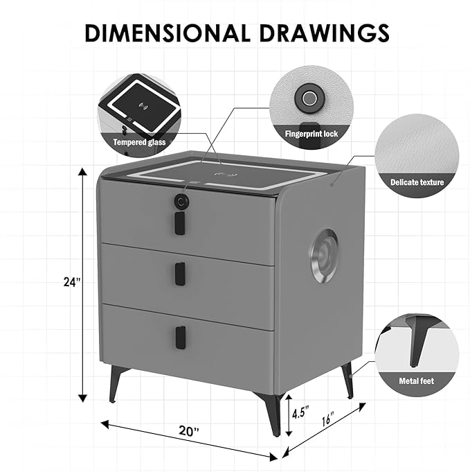 Smart Nightstand with Wireless Charging, with Fingerprint Lock Drawer, Night