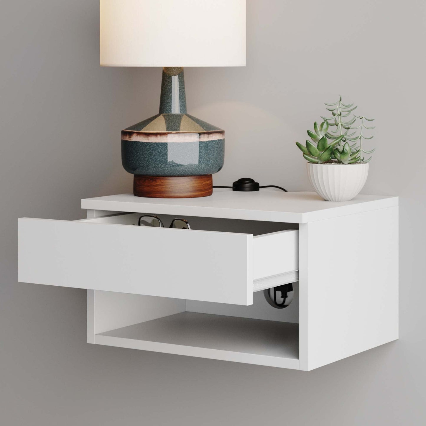 Nathan James Jackson Wall Mounted Floating Bedroom Nightstand with Storage Drawer and Modern Open Shelf Cubby, White