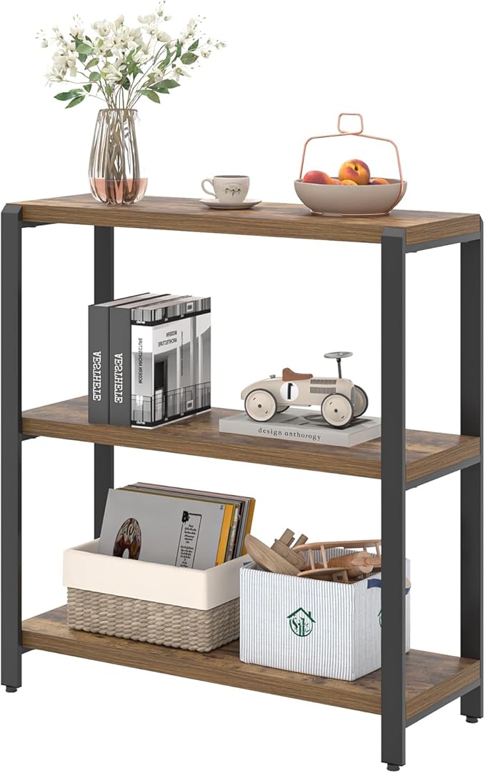 EXCEFUR Small Bookshelf, 3 Tier Short Low Book Shelf, Modern Metal and Wood