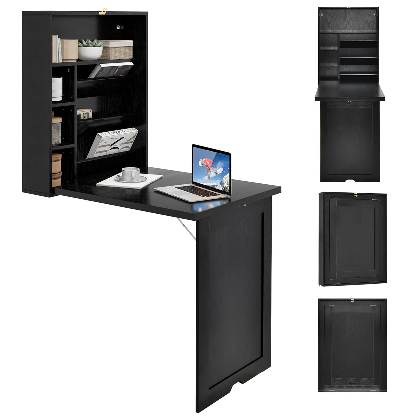 GOFLAME Wall Mounted Folding Desk with 3-Tier Tilt Storage Partition and Adjustable Shelves, Space-Saving Convertible Writing Desk for Home Office, Black