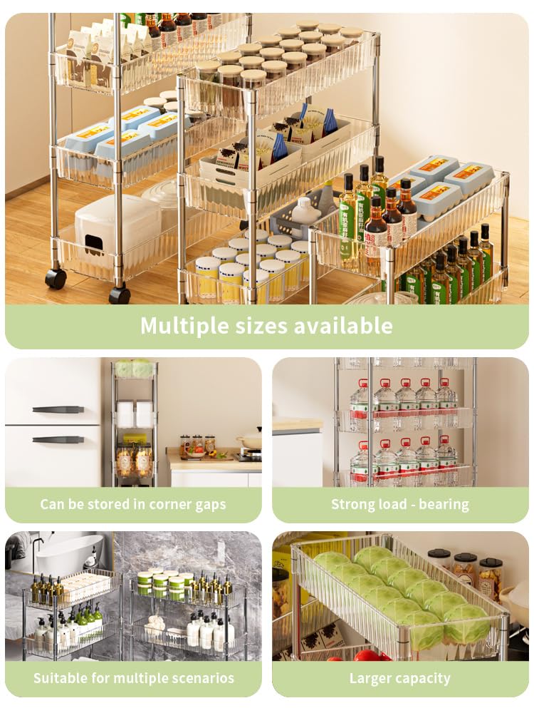 Sooyee Slim Clear 3-Tier Plastic Rolling Utility Cart with Wheels, Multi-Functional Storage Trolley for Office, Living Room, Kitchen, Movable Storage Organizer with Wheels