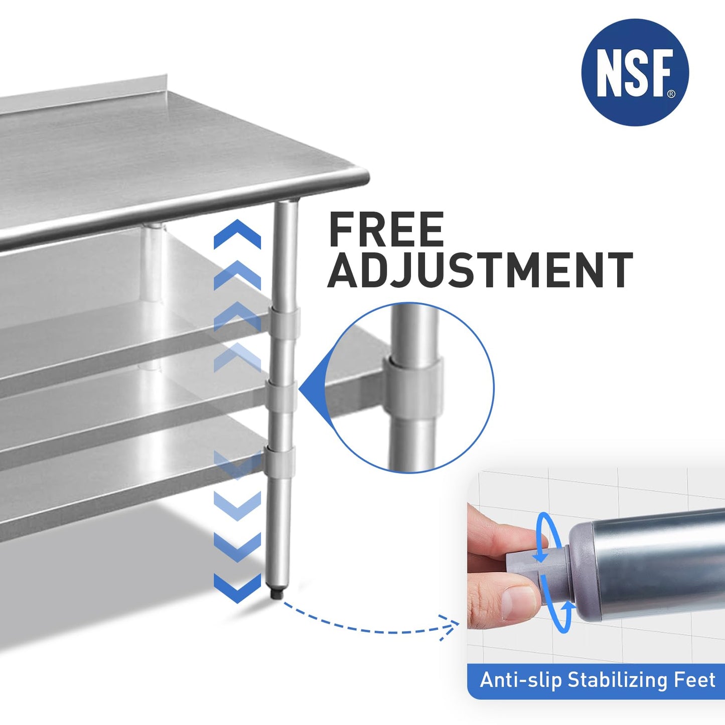 ROCKPOINT Stainless Steel Table for Prep & Work with Backsplash 24x30 Inches, NSF Metal Commercial Kitchen Heavy Duty Table with Adjustable Under Shelf and Table Foot for Restaurant, Home and Hotel