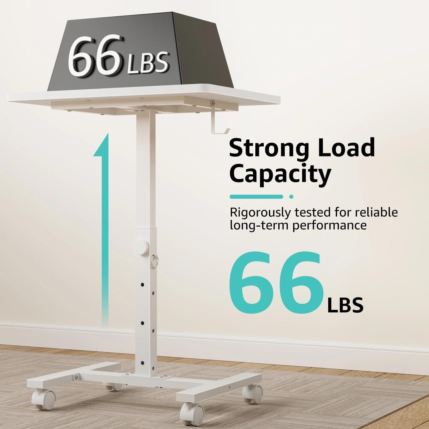 WINAZ Small Portable Rolling Desk Adjustable Height, 24 Inch Mobile Laptop Desk with Wheels for Dorm Room, C-Shaped Table for Sofa and Bed Side, Study Table for Students, White