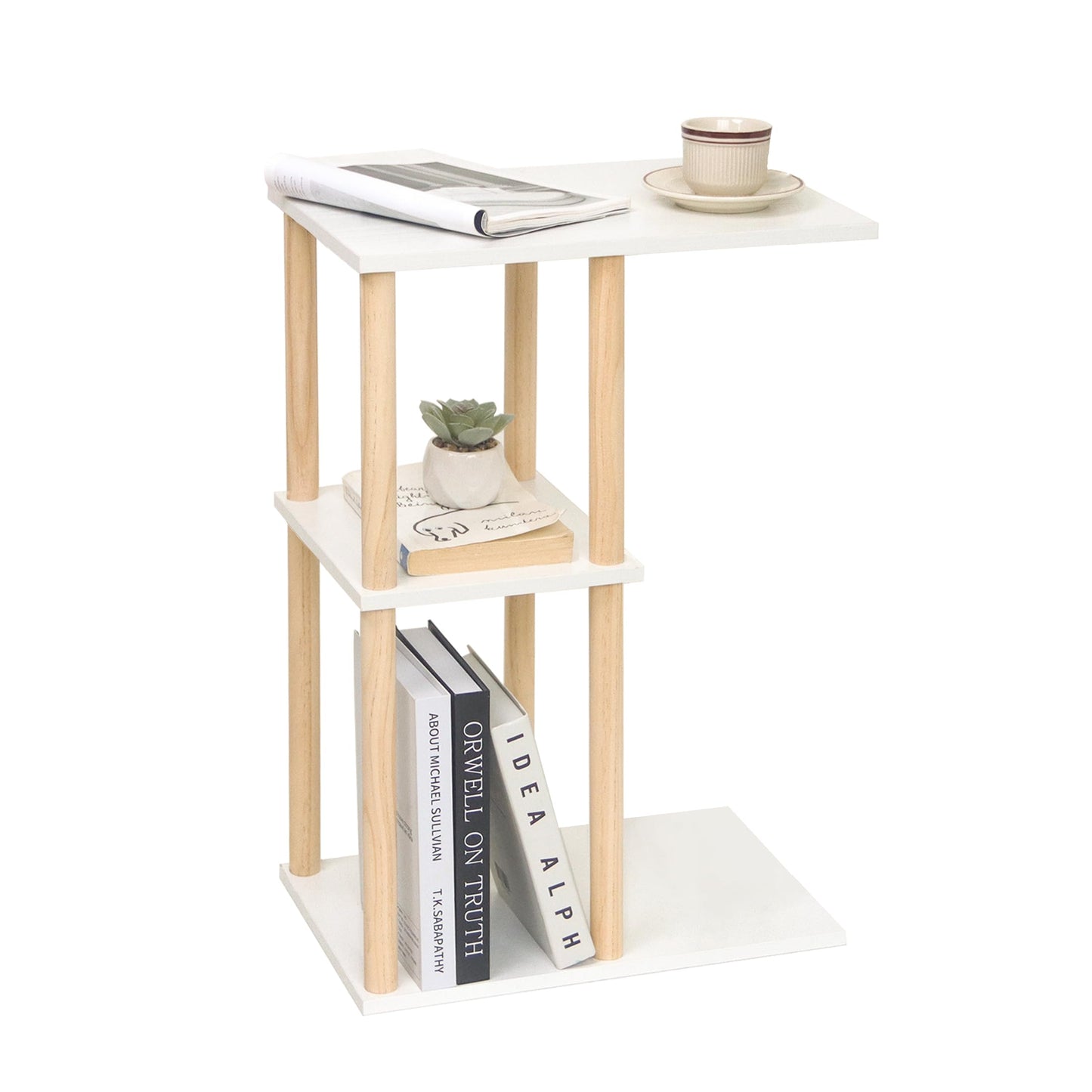 AWASEN C Shaped End Table, Small Side Table for Couch, 3-Tier Wood Sofa Table Coffee Table for Living Room, Small Space, Bedroom, Home Office, Easy Assembly, Natural and White