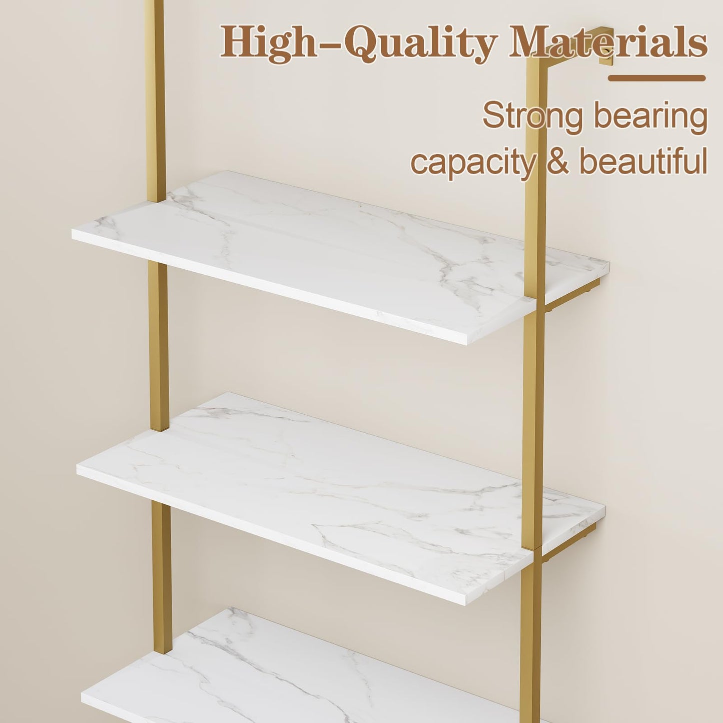 Wolawu Ladder Shelf 6 Tiers Marble White Modern Bookshelf Open Tall Wall Mount Bookcase Standing Leaning Wall Shelves Industrial Decorative Living Room Bed Room