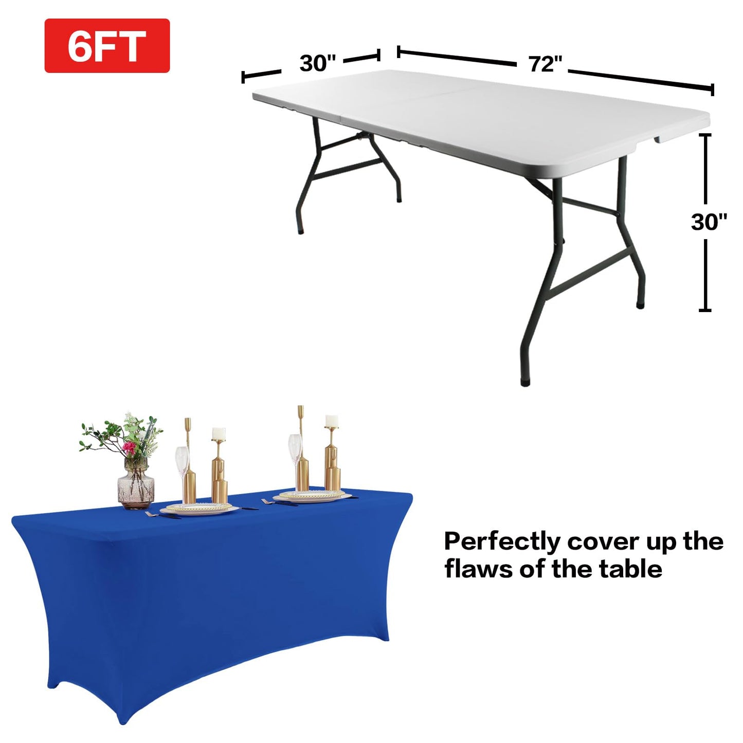 IVAPUPU 2 Pack 6FT Table Cloth for Rectangular Fitted Events Stretch Royal Blue Table Covers Washable Spandex Tablecloth Protector for Party, Wedding, Cocktail, Banquet, Festival
