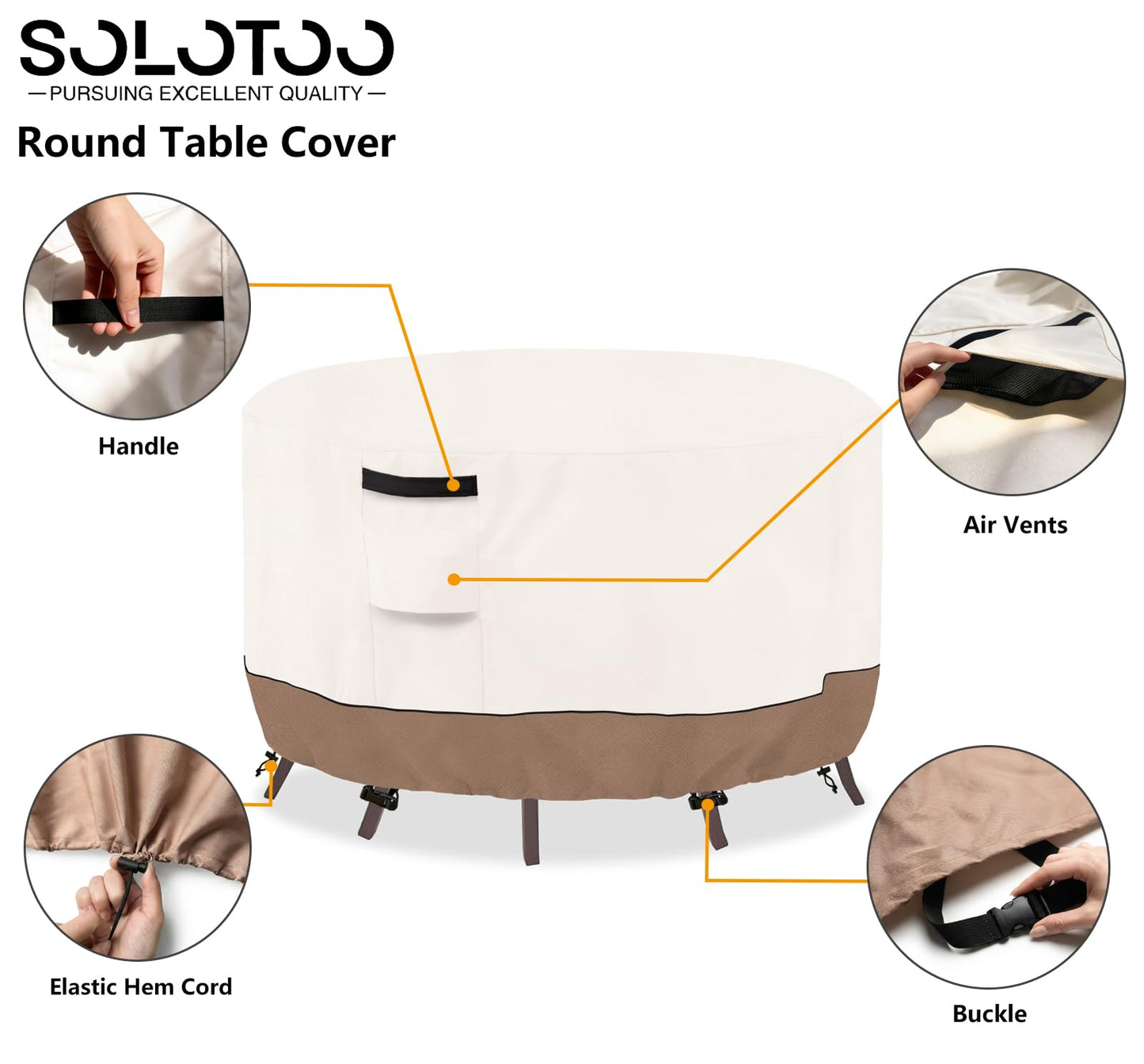 SoloToo Round Outdoor Table Cover Waterproof Heavy Duty Patio Furniture Covers, Round Patio Table Chair Set Covers - 42" Dia x 28" H (Beige & Brown)