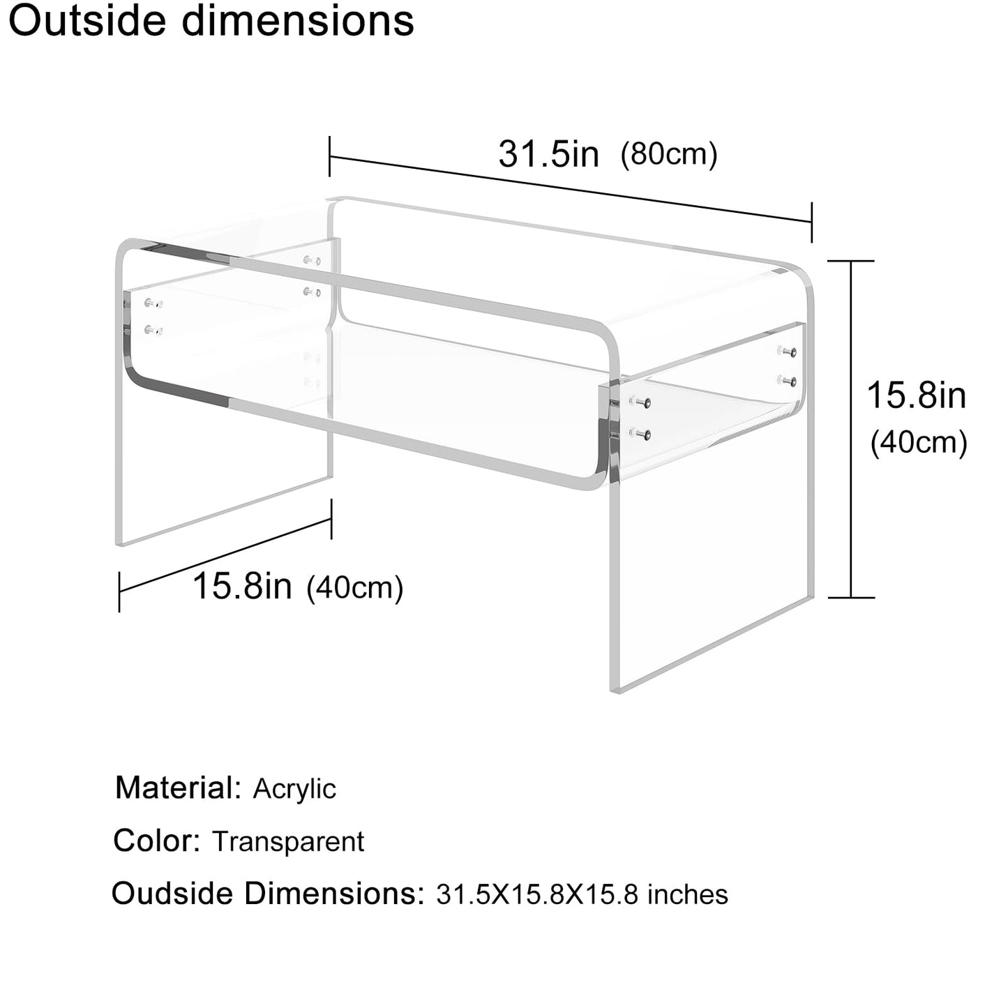 XOHYW Acrylic Coffee Table, Clear Rectangle Side Table Furniture, Modern Tea Table With Open Storage, End Table for Living Room, Office Reception and Bedroom