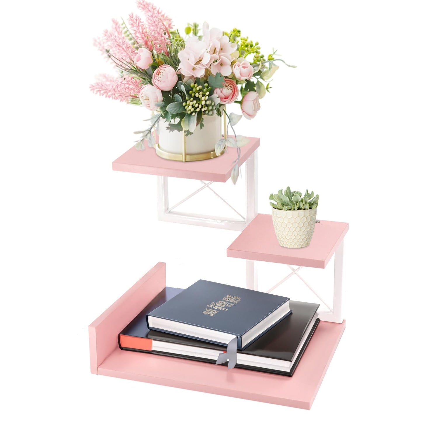 Jolitac Wood Desktop Shelf, Desktop Organizer Office Storage Rack Adjustable Wood Display Shelf 3 Tier Storage Display Rack Office Decor Stand Shelves with Metal Frame (Pink)