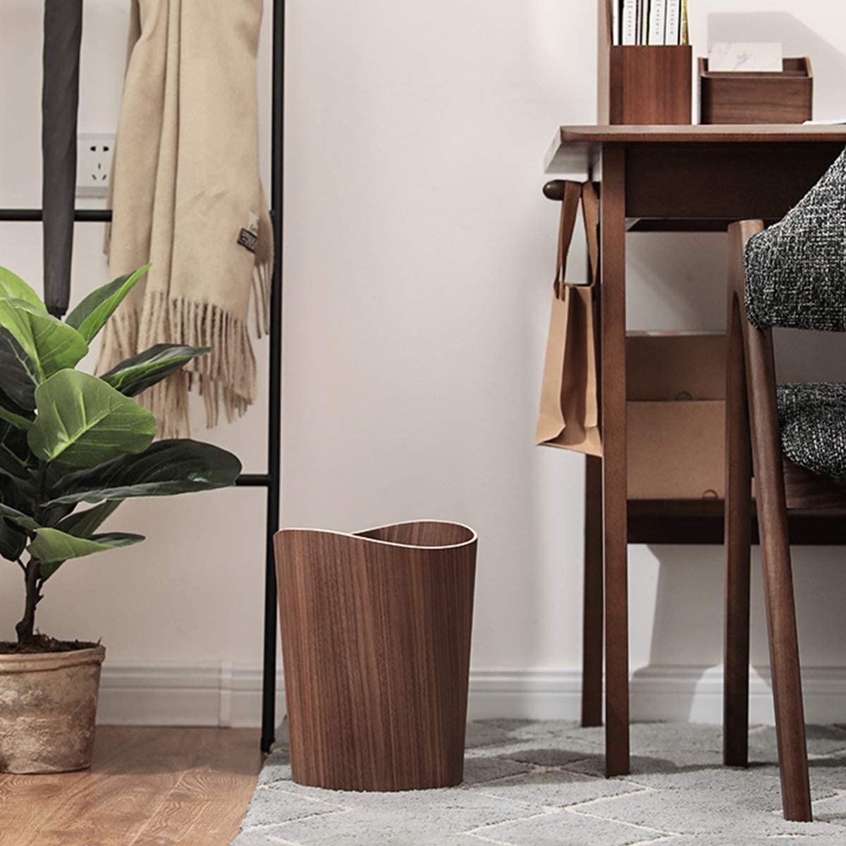 2.3 Gallons Wood Trash Can Wastebasket for Home or Office, Japanese-style natural wood Round Wastebasket, Lightweight, Sturdy for Under Desk, Kitchen, Bedroom, Den, Hotel, or Kids Room (Dark Wood-B)