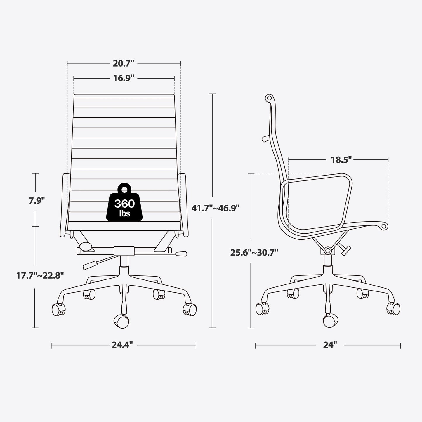 Ribbed Office Chair with Top Grain Leather - High Back Ergonomic Desk Chair with Aluminum Arms & Frame, Swivel Wheels & Tilt Function, Adjustable Height