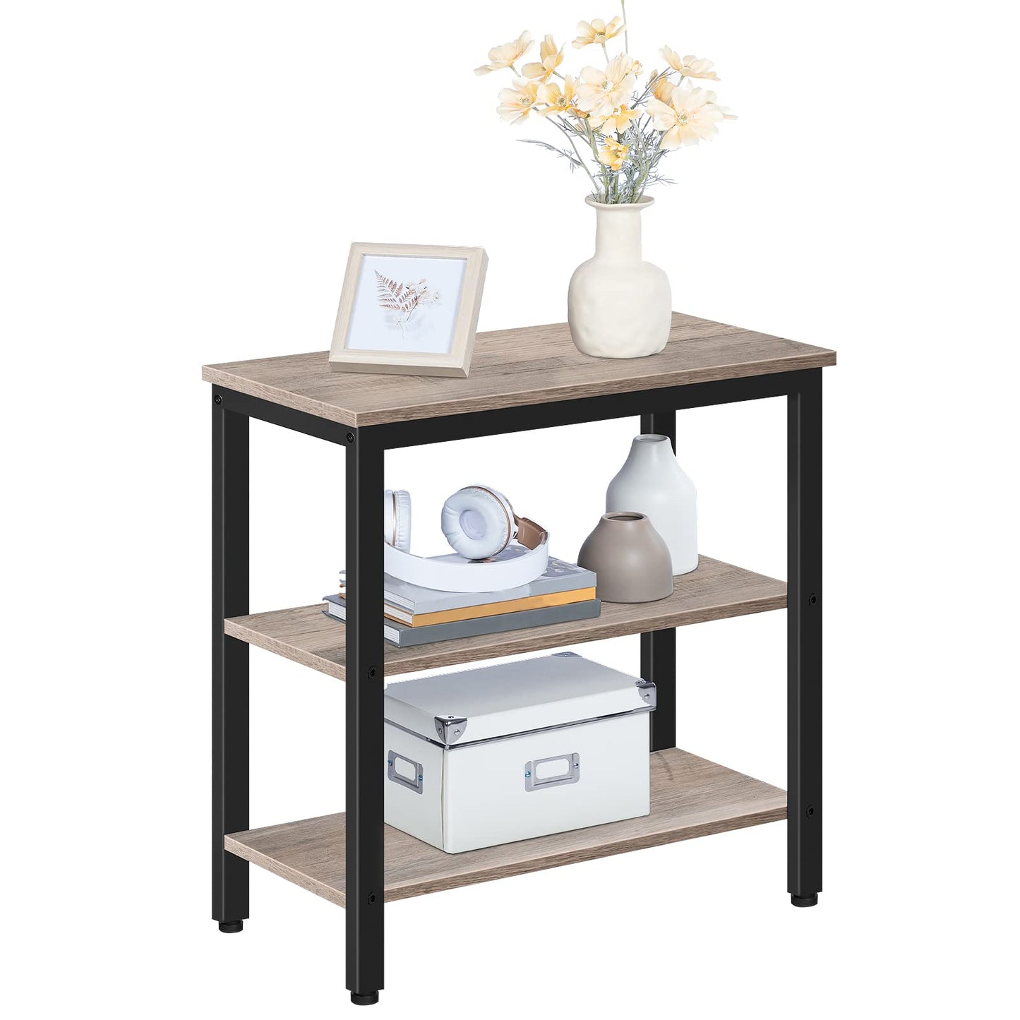 HOOBRO End Table, Simple Rustic Side Table with 3-Tier Storage Shelf, Narrow Nightstand for Small Spaces, Easy Assembly, for Living Room, Bedroom, Metal, Industrial Design, Greige and Black BG14BZ01
