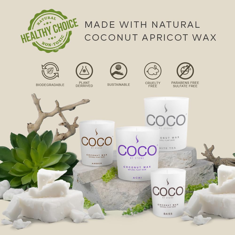 COCO by Stone 6.5oz Candle, Coconut Apricot Wax Candle for Home (Baies), Home Fragrance Product, 1-Wick Candle, Enhances Indoor Aroma, Vegan & Cruelty-Free, Clean Burning, Hand-Poured