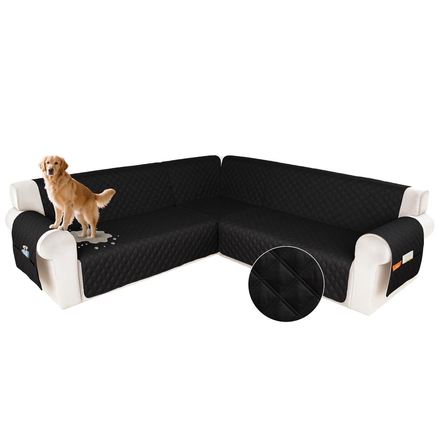 HDCAXKJ Waterproof Sectional Couch Cover L Shaped Sofa Covers Washable Corner Sectional Slipcovers Dog Pet Proof U Shape Furniture Protector with Upgraded Anti Slip Strips (Large, Black)