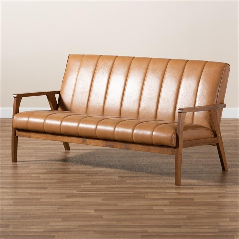 Baxton Studio Nikko Mid-century Modern Tan Faux Leather Upholstered and Walnut Brown finished Wood Sofa