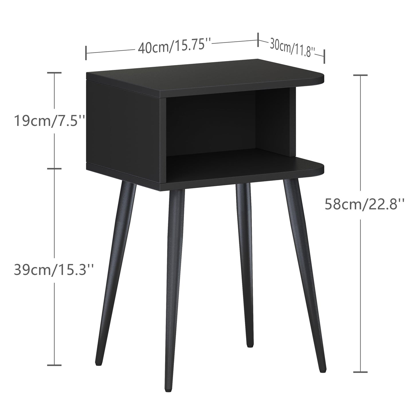 Black Nightstand Set of 2, Small Bed Side Table for Small Spaces, Mid Century Modern Nightstand End Table with Open Storage, Side Table for Bedroom Living Room, MLBZ20B-2