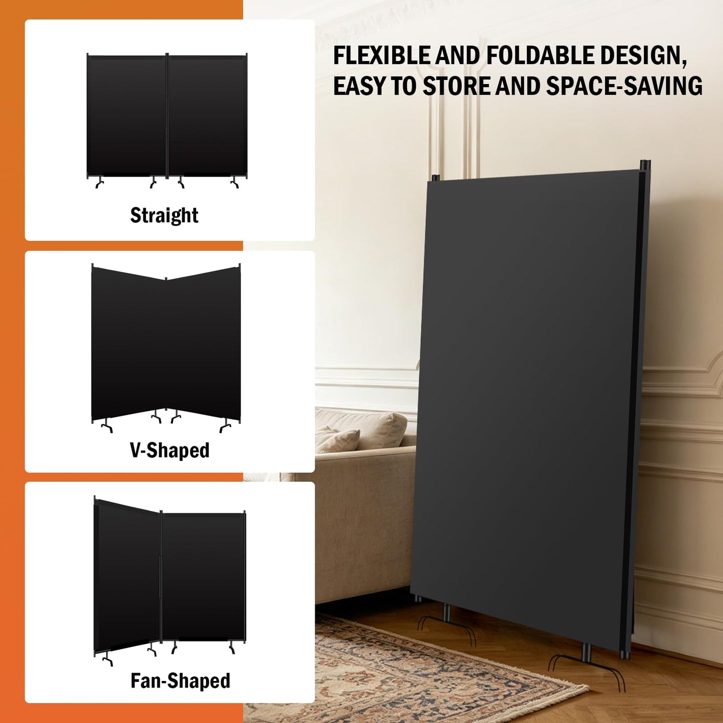 Room Divider Panel, Siebwin 2 Panel Folding Privacy Screens with Wider Feet, 8 Ft Portable Room Partition for Room Separator, Room Divider Screen Partition Room Dividers Freestanding
