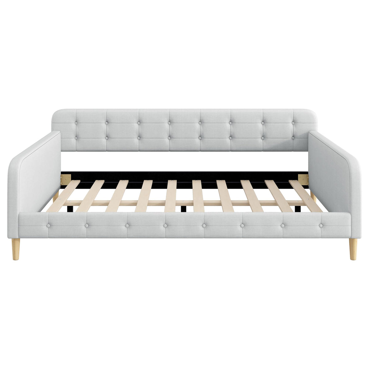 GDFStudio Queen Size Upholstered Daybed with Linen, Solid Pine Wood + MDF Frame, Foam-Filled Backrest, 4 Support Legs, No Box Spring Needed, Sturdy Queen Sofa Bed for Living Room or Guest Room, Beige