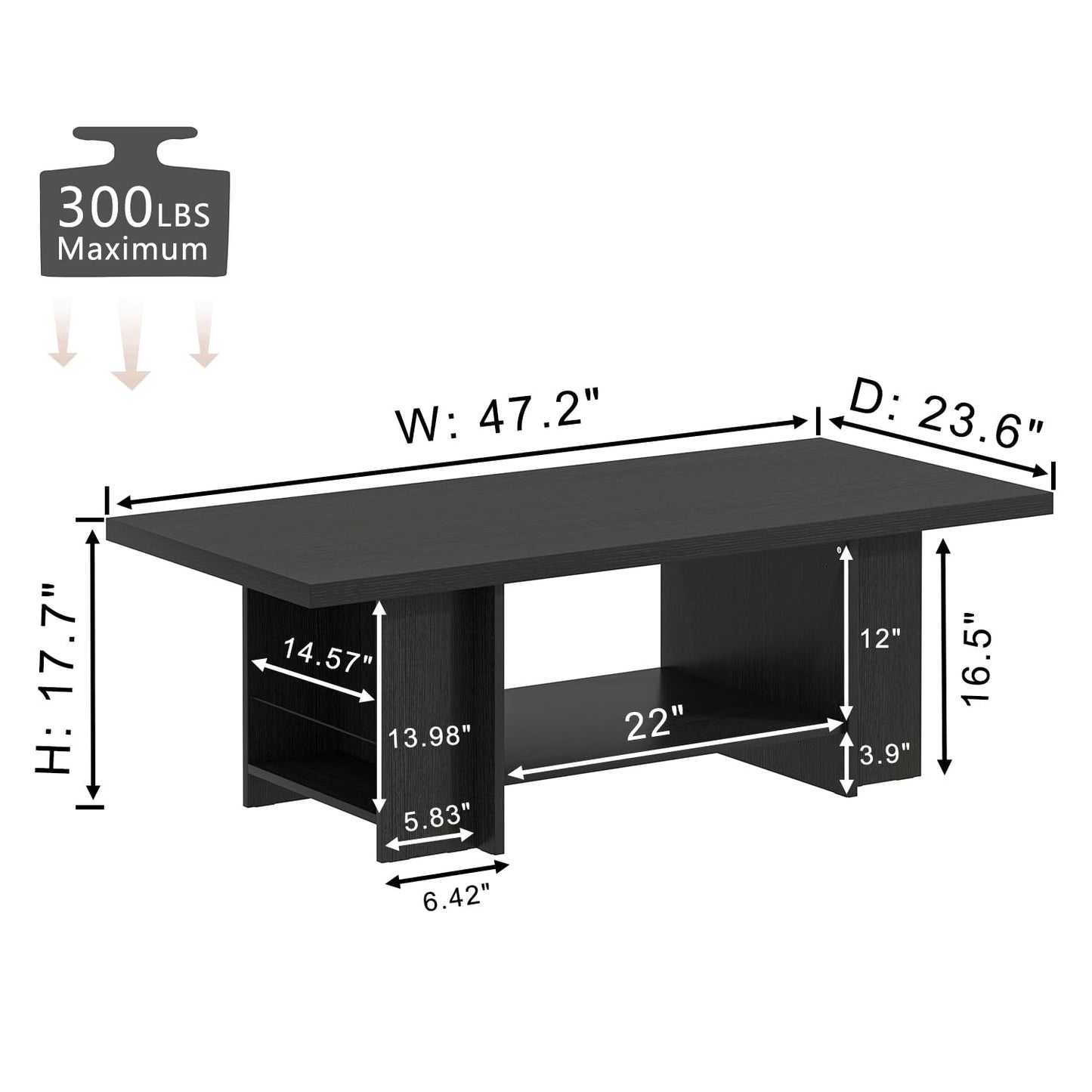 FOLUBAN Black Coffee Table with Storage Bottom Shelf & Side Shelves, Modern 2-Tier Living Room Center Table, Rectangular Wood Cocktail Tea Table for Home Office, 47 Inch
