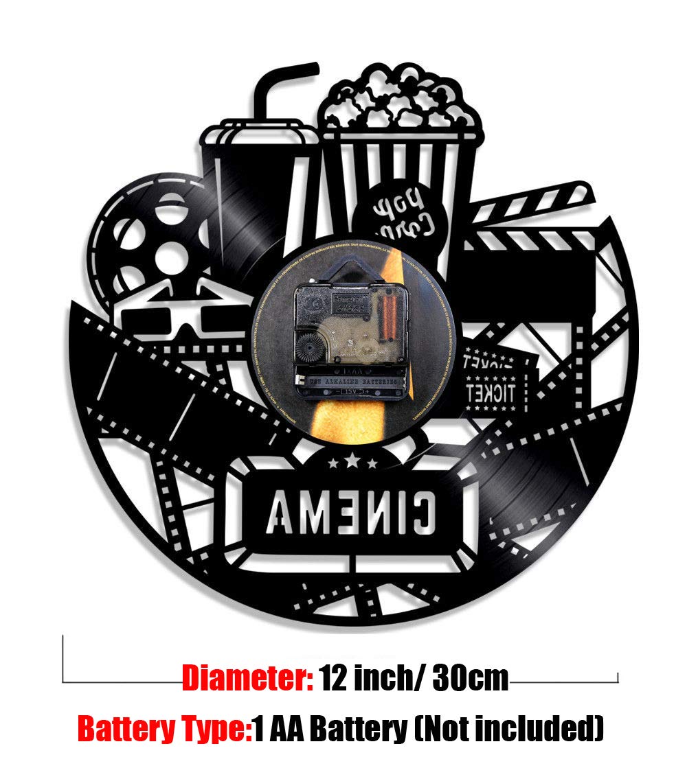 Home Theater Cinema and Popcorn Vinyl Record Wall Clock Movie Film Time Clock Watch Room Wall Home Theater Wall Decor Wall Art Gift for Movie Lover (NO LED)