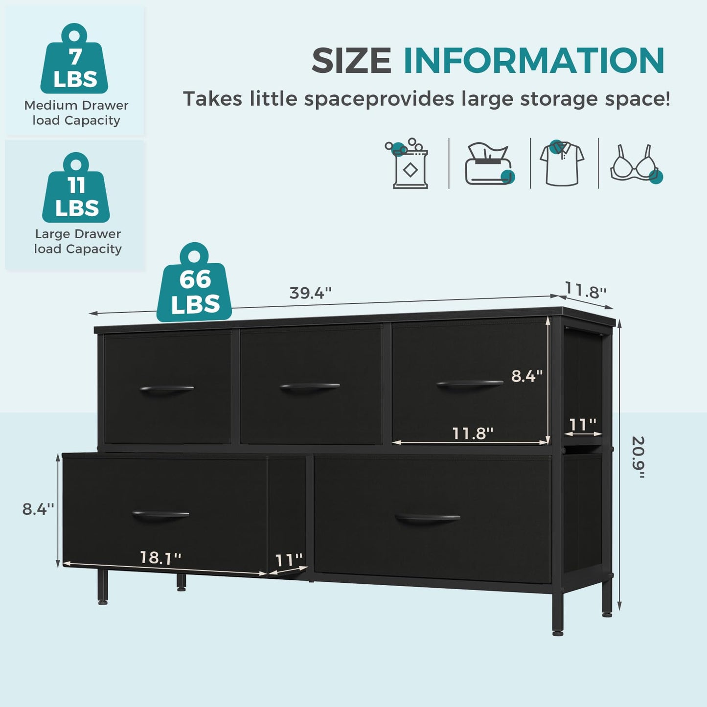 OLIXIS 5 Drawer Dresser for Bedroom, Closet Chest Organizer Furniture, TV Stand for Living Room Hallway, Wide Fabric Storage Tower with Wooden Top and Metal Frame, Black