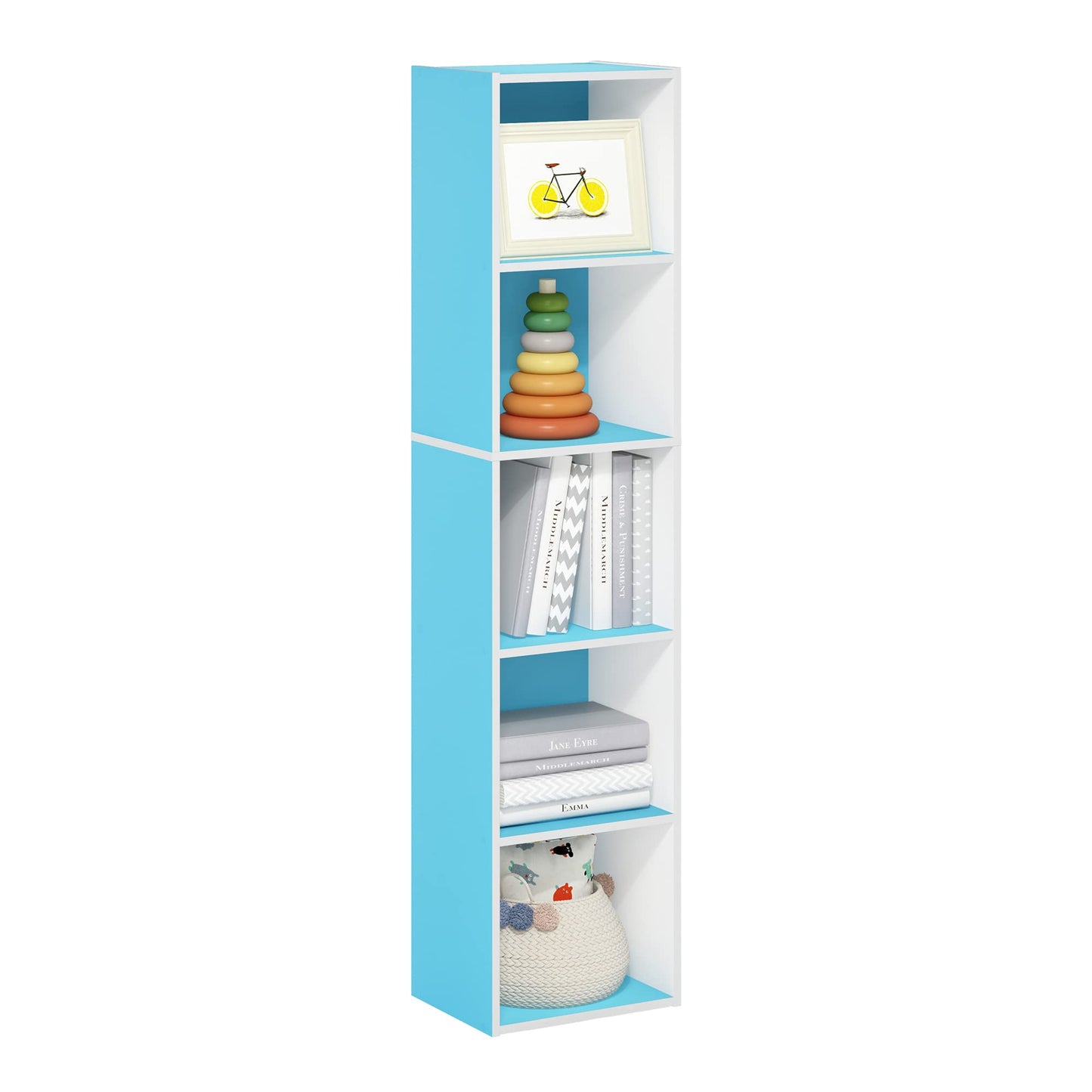 Furinno PASIR Book Shelf, 5-Tier Modern Bookshelf, Open Shelves Bookcase 9 x 12 x 52, Easy Assembly, for Living Room, Bedroom, Home Office, Light Blue/White