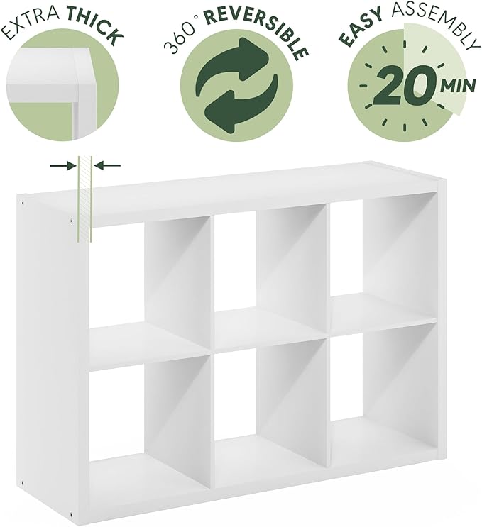 Furinno Cubicle Book Shelf, 6-Cube Bookshelf, Extra Thick Frame Horizontally &