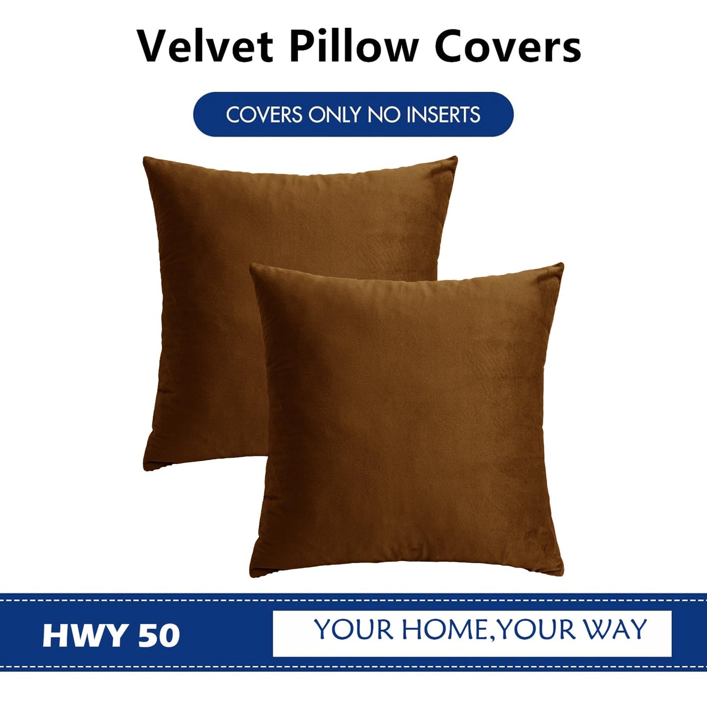 HWY 50 Coffee Velvet Throw Pillow Covers 16x16 Inch, Pack of 2 Soft Cozy Solid Decorative Luxury Cushion Cases for Couch Sofa Bed Living Room Bedroom