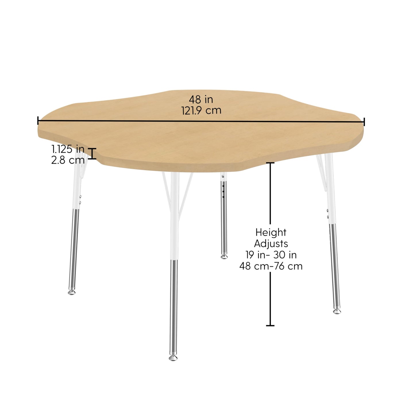 FDP Clover Thermofused Activity School and Classroom Table (48 inch) with Modern Woodgrain Laminate Top, Standard Swivel Glide Legs, Adjustable Height 19-30 inches - Maple Grain/White