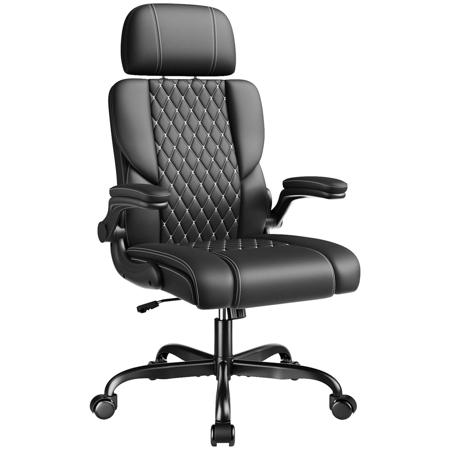 Sytas Executive Leather Office Chair, Comfy Desk Chair with Adjustable Headrest & Flip-up Padded Arms & Lumbar Support, Adjustable Hight and Tilt, Rolling Swivel Chair, Black