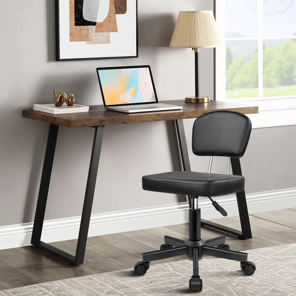 WKWKER Rolling Stool Chair with Backrest Height Adjustable 360° Swivel Stool with Wheels Square Seat PU Leather Rolling Stool for Bedroom Counter Shop Salon Massage Home Office Drafting Work (Black)