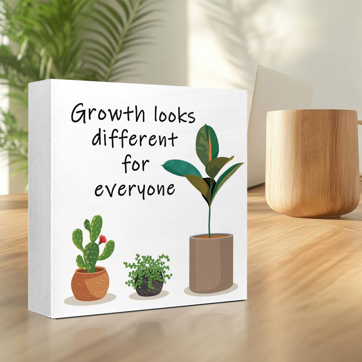 LVQHI Growth Looks Different for Everyone Wood Block Sign Therapy Teacher Counselor Office Desk Decor Motivational Inspirational Decorations for Classroom Bookshelf Shelf