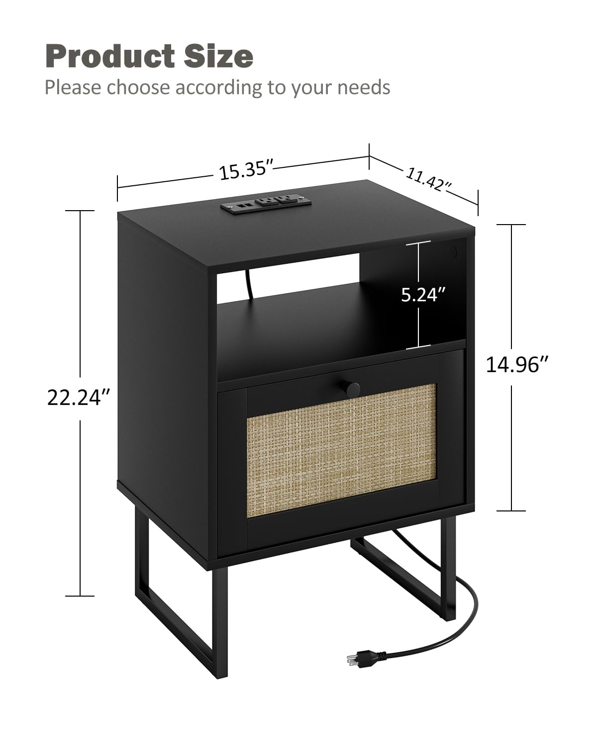Apetaccat Rattan Nightstand with Charging Station, Boho Night Stand Farmhouse Wood Bedside Table with Storage and Open Shelf, End Side Accent Table for Bedroom,Living Room,Black