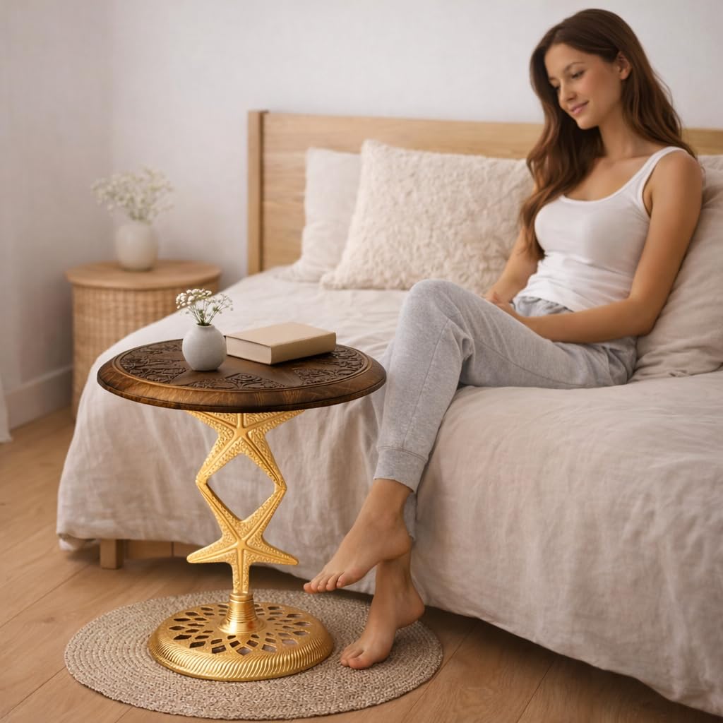 The Wooden Town Side Tables-Hand Carved Vintage Boho Folding End Tables for Living Room, Entryway,Living Room, Bedroom -No Tools Assembly, 18"x22" Burnt Brown with Gold Aluminium Alloy_ Star