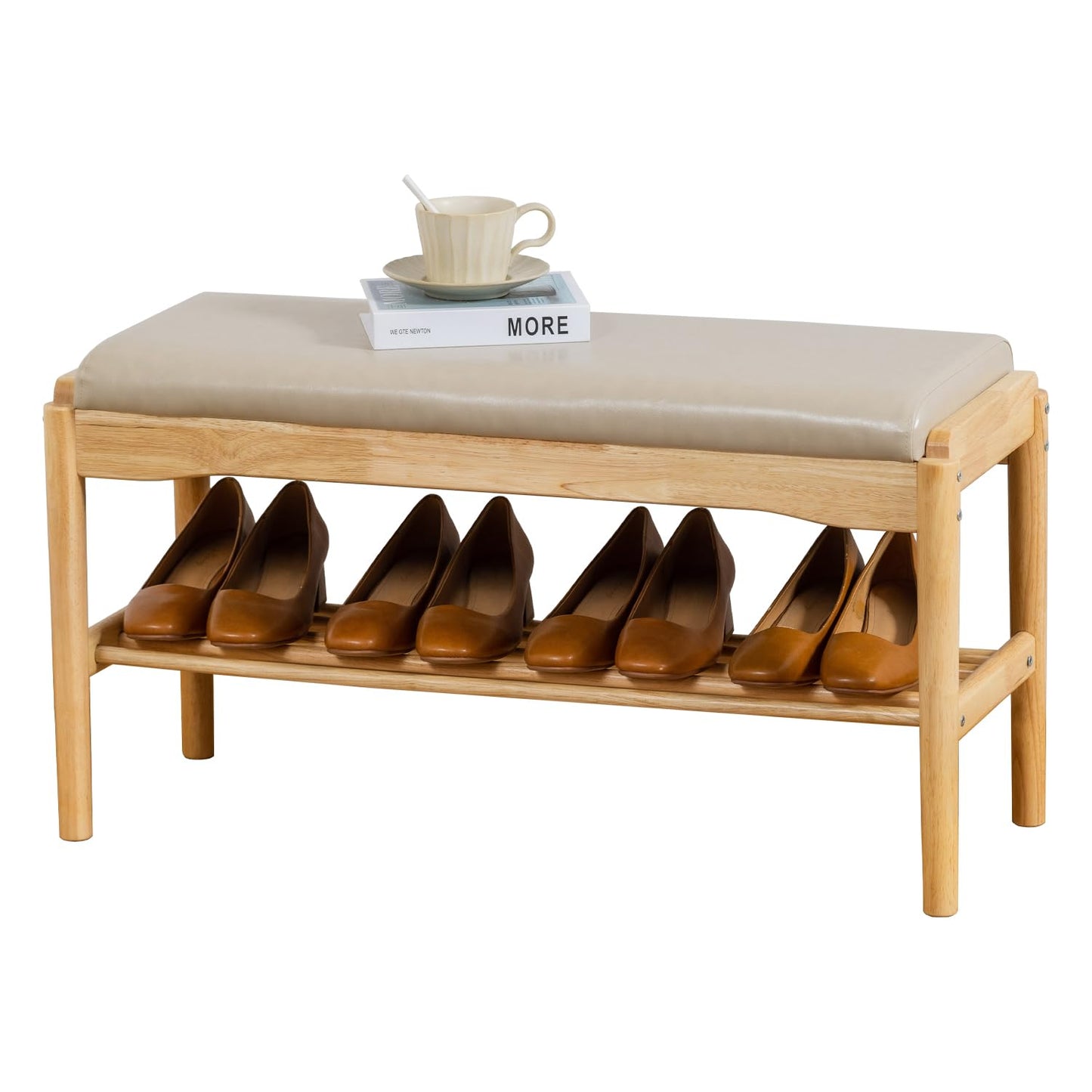 SOBIBO Entryway Shoe Bench with Cushioned Seat, 2-Tier Rubberwood Shoe Rack Storage Organizer for 8-12 Pairs, 31.5" Shoe Storage Bench (Beige & Natural Wood)