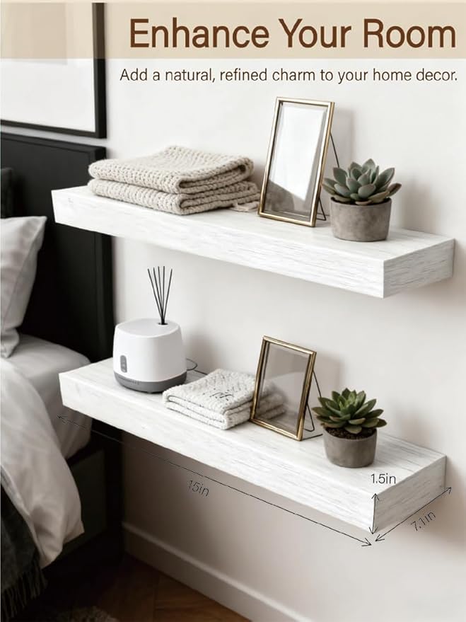 Solid Wood Floating Shelves, 15in Finished Real Wood Wall Shelves