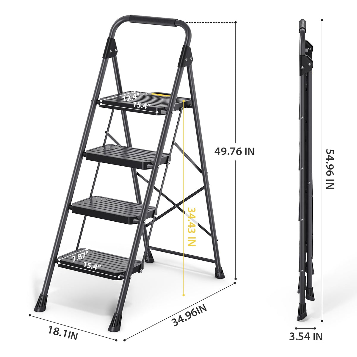KINGRACK 4 Step Ladder, Sturdy Steel Step Stool with Anti-Slip Wide Pedals, Handrail, Safe-Lock Design, Pass 800lbs Load Testing, Folding Portable Ladder for Multi-Purpose, Home, Kitchen, Black