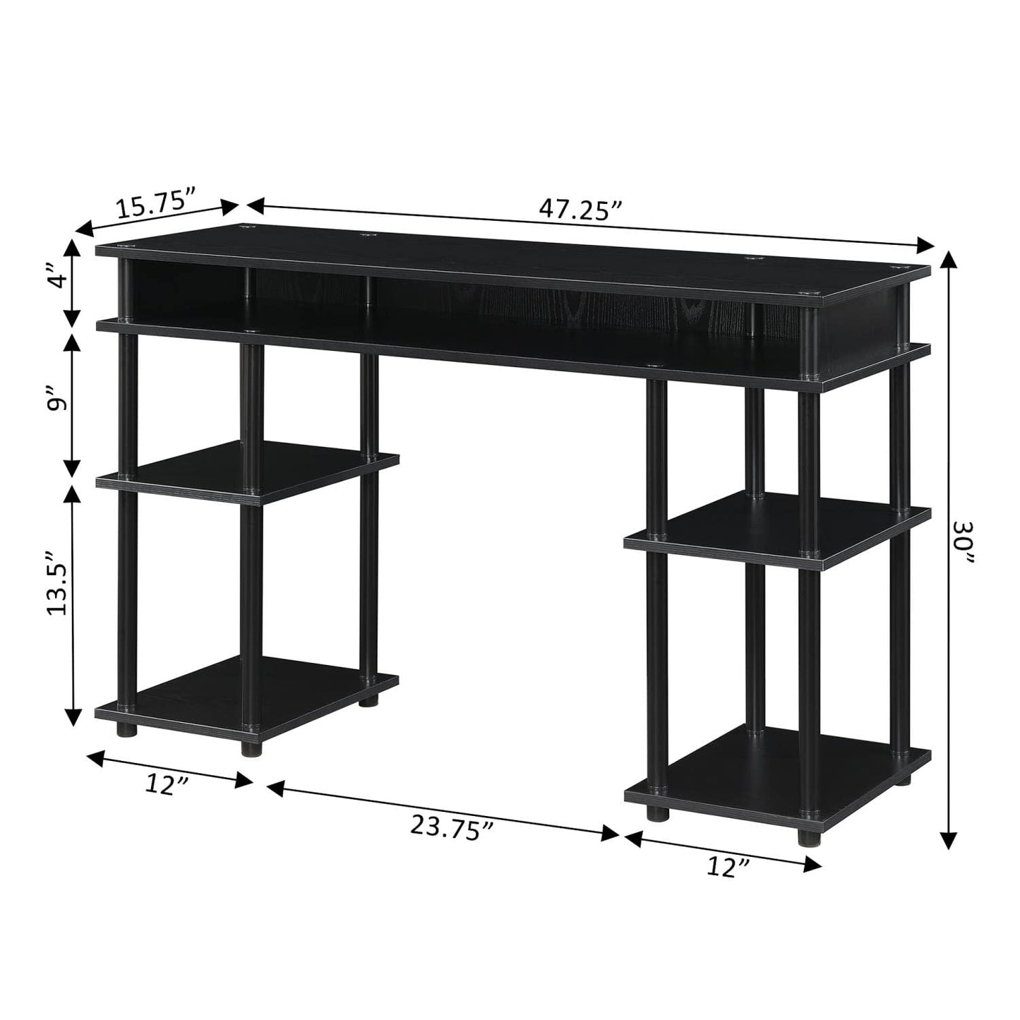 Convenience Concepts Designs2Go No Tools Desk Home Office Desk with Shelves, Corner Shelf Vanity Desk Computer Desk Nail Table for Nail Tech - 47.25" L x 15.75" W x 30" H, Black/Black