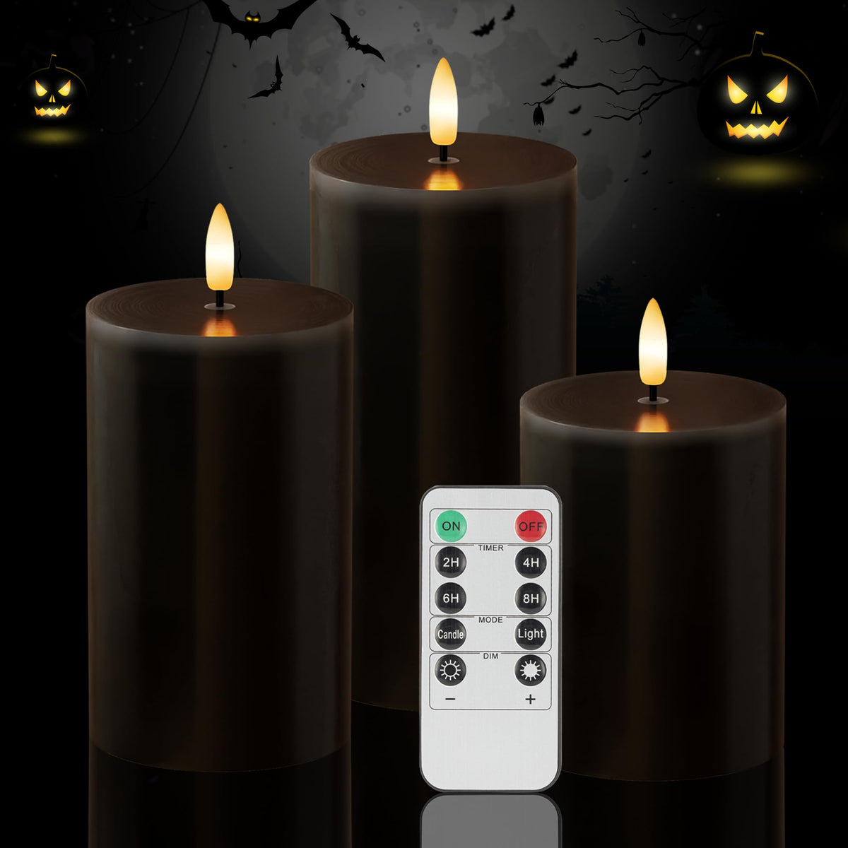AFINETH Black Flameless Candles, Halloween Candles with Remote, Battery Operated Gothic LED Candles, Real Wax Flickering Flameless Pillar Candles for Home, Party, Halloween, 3 Pack