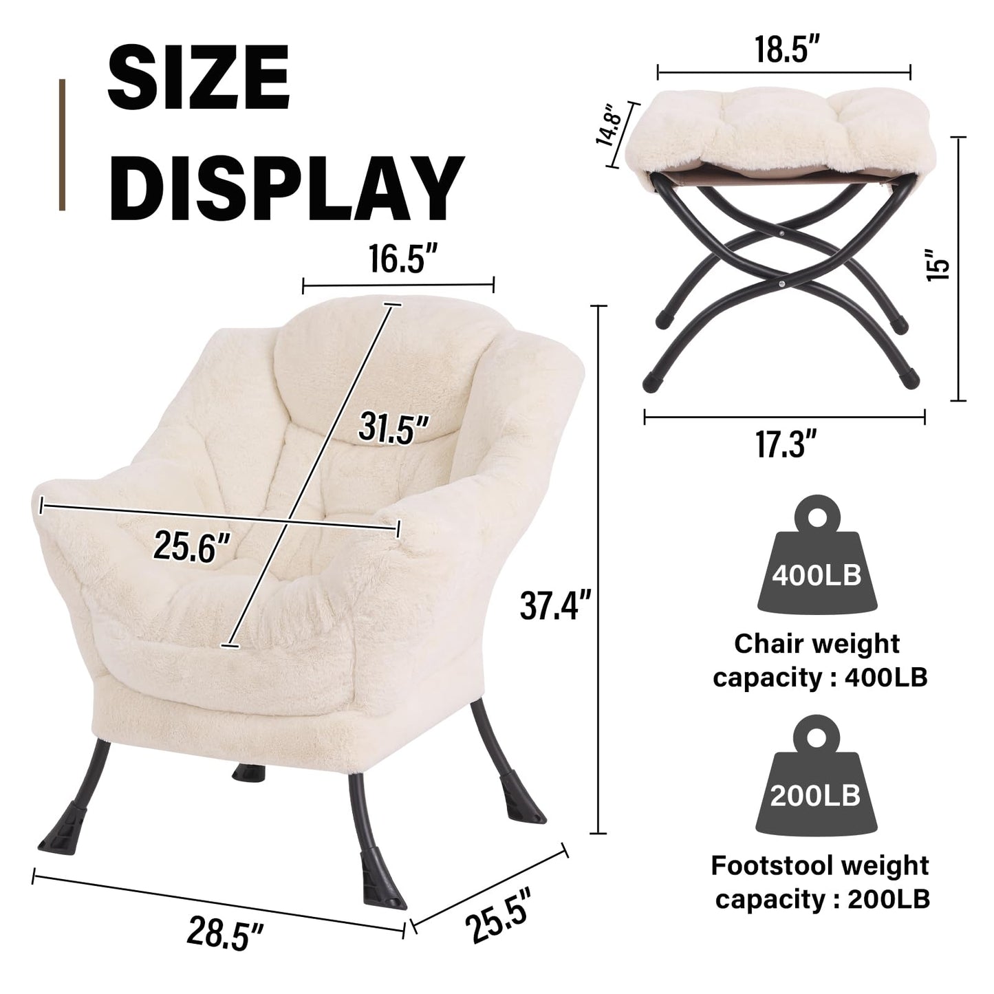 SESHINELL Lazy Chair with Ottoman, Modern Accent Chair Sofa Chair with Armrests, Reading Chair and Folding Footstool for Living Room, Bedroom, Office, Plush Beige