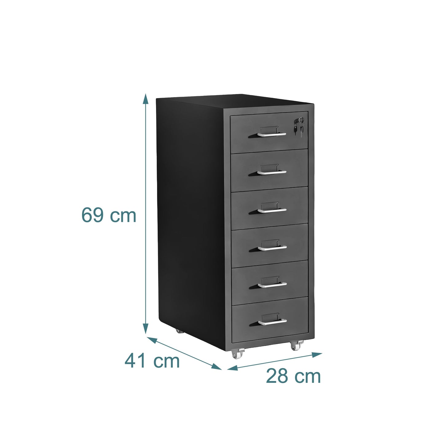 Relaxdays Lockable Metal Rolling Cabinet with 6 Drawers, 69x28x41 cm, Black