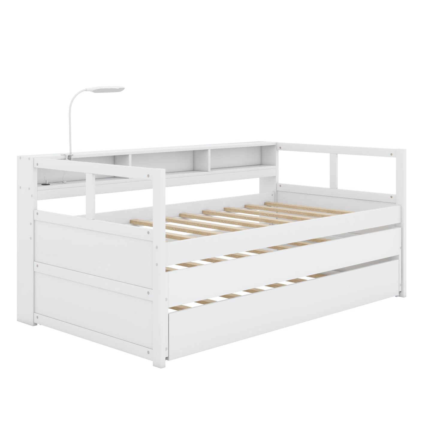 YunNianYang Twin XL Wood Daybed with 2 Trundles, 3 Storage Cubbies, 1 Light for Free and USB Charging Design (White)
