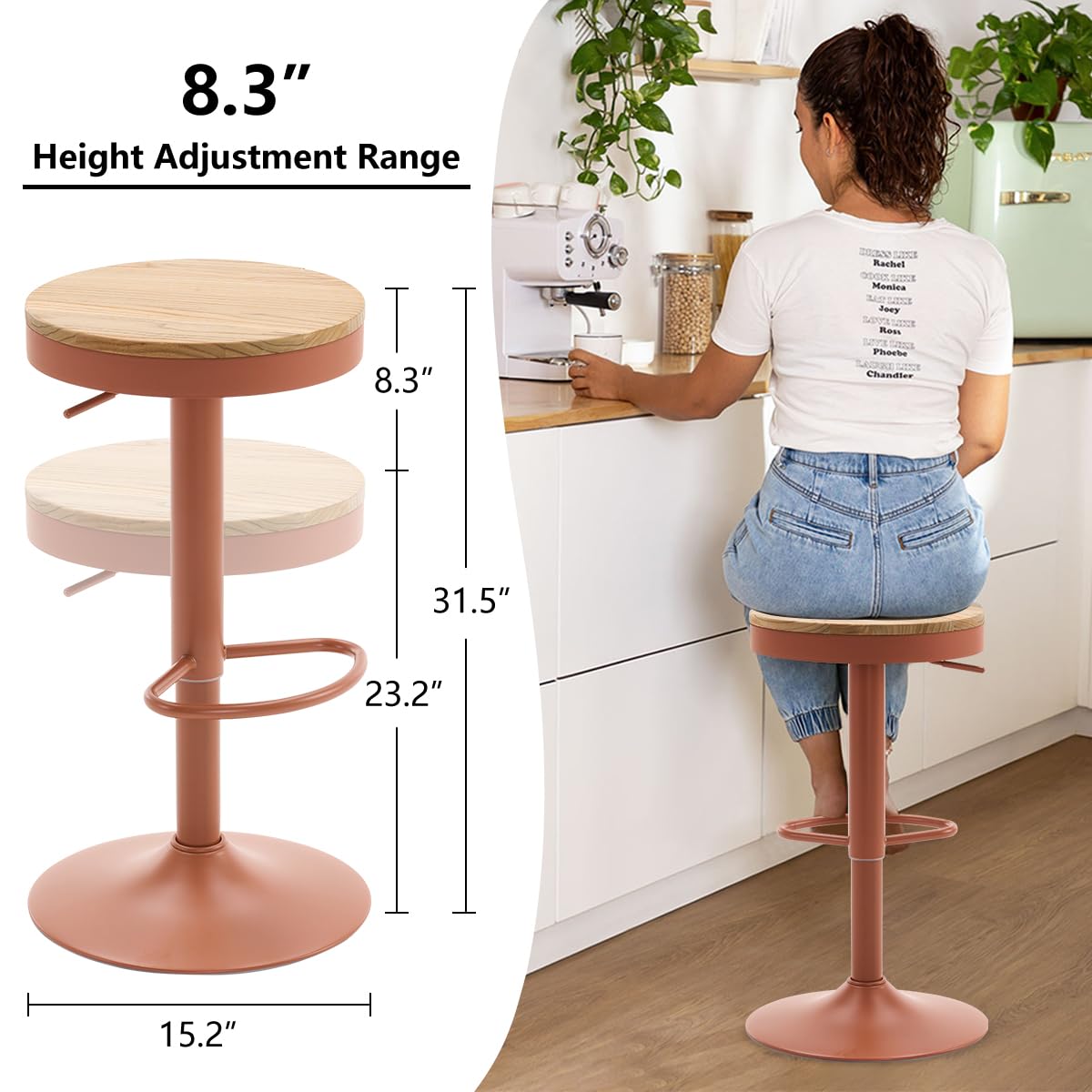 Kidol & Shellder Bar Stools Set of 2 Round Adjustable Swivel Barstools Modern Backless Bar Chairs Wooden Seat Counter Height Stools Armless for Kitchen Island, Cafe, Dining Room Terracotta