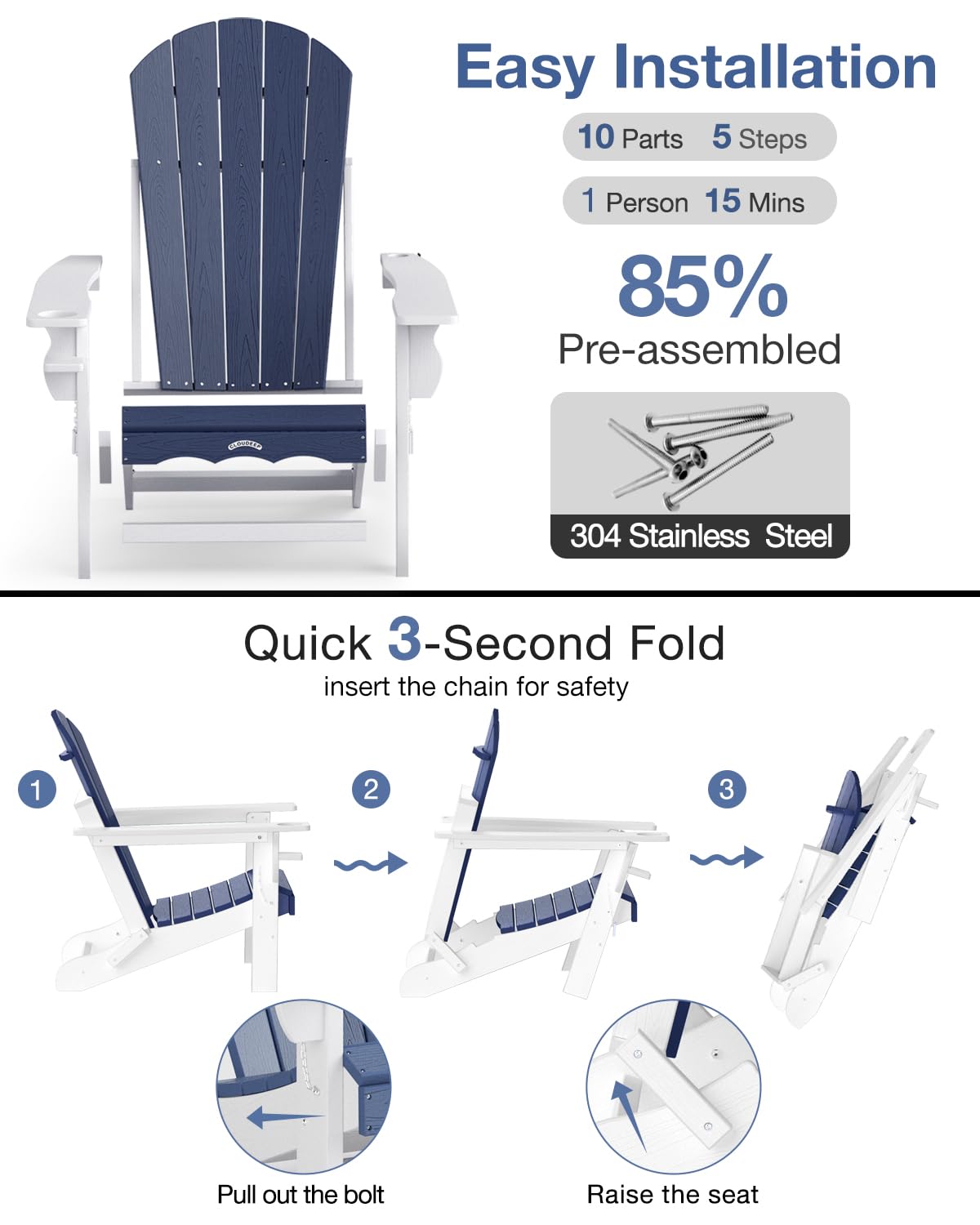 Folding Adirondack Chair –Recyclable HDPE Outdoor Adirondack Patio Chair with Cup Holder, Wood Texture & Umbrella Hole, 25-Year Fade-Free All Weather for Fire Pit, Porch, Poolside, Deck, Blue & White