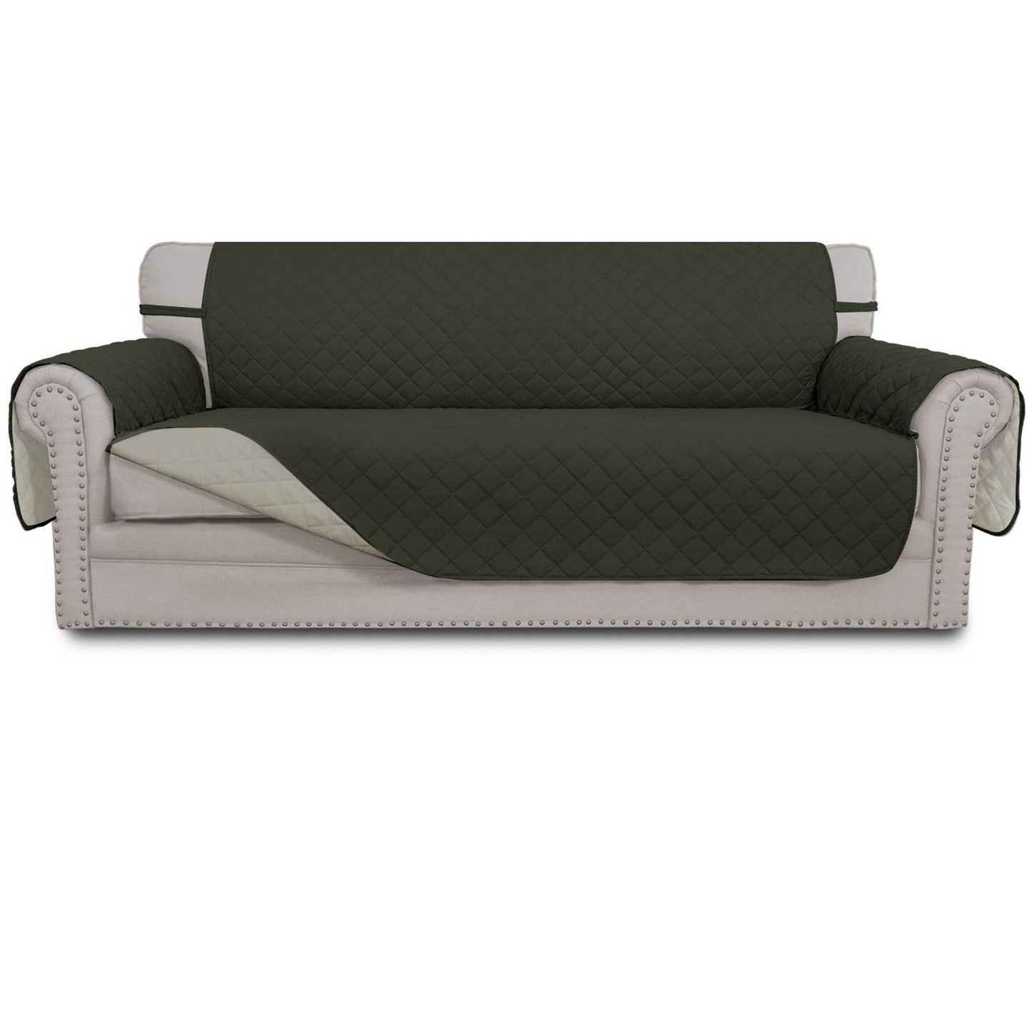 Easy-Going Reversible Couch Cover for 3 Cushion Couch Sofa Cover for Dogs Water Resistant Furniture Protector Cover with Foam Sticks Elastic Straps for Pet Cat (Sofa, Army Green/Beige)