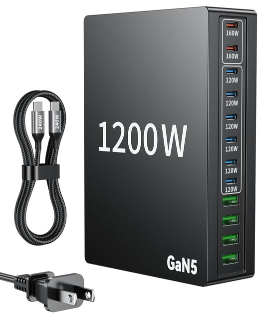 1200W USB C Charger Block.Fast MacBook Pro Charger Charging Station 12 Port 140W PD PPS AVS HUB for All iPhone 17 Pro Max/17 Air/16 SE/Samsung Galaxy 25/ MacBook Pro/Air/iPad Pro/240W Cable
