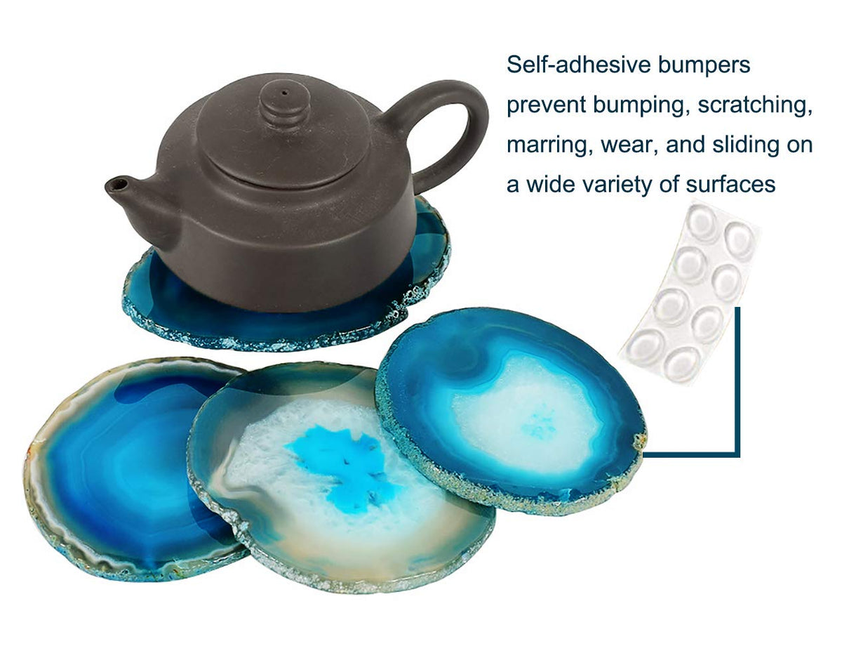 AMOYSTONE Teal Agate Coasters for Drinks - Set of 4 Geode Crystal Quartz Rock Slices With Rubber Bumpers 3-3.5"